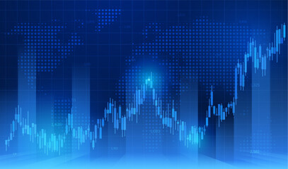 Candlestick chart trend on blue gradient background with world map, stock market trading graph, Forex stock chart trend