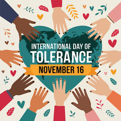 Vector art of international day of tolerance illustration with diverse hands reaching towards a heartshaped earth, promoting global unity and understanding