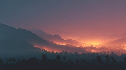 Obraz premium Landscape photograph of a beautiful sunrise or sunset over a mountain range. the sky is a gradient of orange and pink hues, with the sun partially visible in the top right corner.