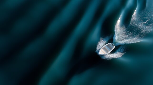High-contrast aerial view of a small white motorboat speeding on dark blue-green water, creating a sparkling wake