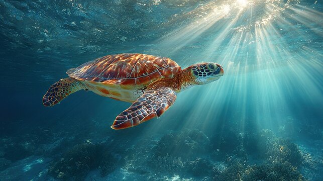  A turtle swimming in an ocean, illuminated by sunlight from above its back and head