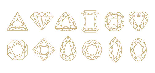 Gemstone Outline Icons Set in Gold Line Style. Minimal Geometric Diamond Cut Shapes diamond, heart, oval, pear, round square cuts for jewelry design, branding, packaging,logos, digital graphics.Vector