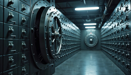 Secure Bank Vault Interior with Safety Deposit Boxes for Financial Blogs, Security Articles, Banking Websites, and Wealth Management Content