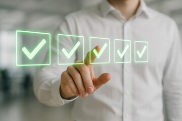 Decision Making Process: A person's hand interacts with a digital interface, symbolizing the completion of tasks and successful outcomes.