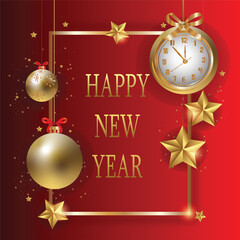Festive Happy New Year Celebration with Golden Ornaments and Clock
