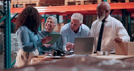 Logistics, teamwork and people on laptop in warehouse for meeting, planning or supply chain. Distribution, storage supervisor and workers on tech for inspection, shipping order or inventory checklist - Powered by Adobe