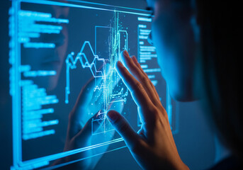 Woman interacting with futuristic holographic interface displaying data graphs and code