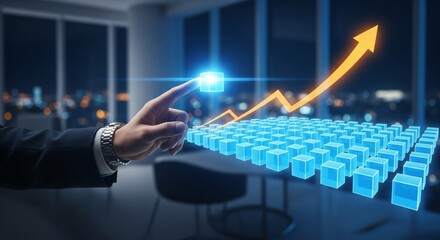 Hand Scaling a Business Operation on a Holographic Grid. executive's hand in a dark suit, touching a single glowing blue block in a hologram. Upon touching, the block multiplies into a large