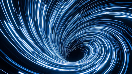 Abstract futuristic background with glowing blue neon light streaks forming a spiral vortex.