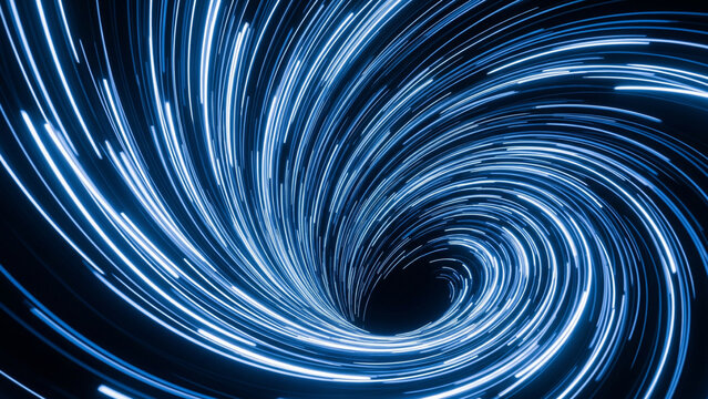 Abstract futuristic background with glowing blue neon light streaks forming a spiral vortex.