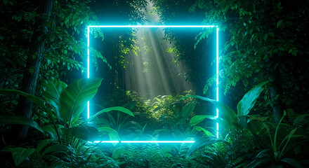 Lush foliage framed by a bright, cyan geometric square, with light rays shining through, suggestive of nature meeting modern artistic expression