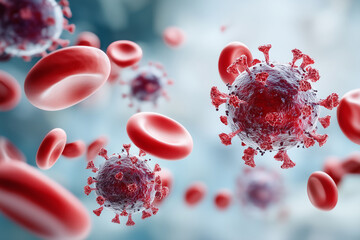 Close up, Medical illustration of virus and red blood cells interaction