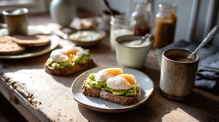   A close-up of a plate of food on a table with a cup of coffee and a cup of tea