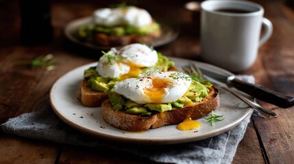   A plate with eggs and avocado sits beside a coffee cup on a wooden table