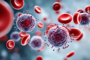 Close up, Medical illustration of virus and red blood cells interaction