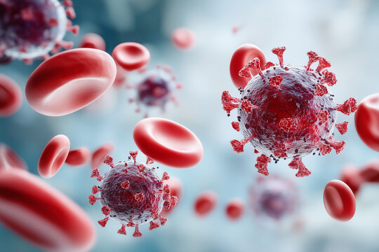 Close up, Medical illustration of virus and red blood cells interaction