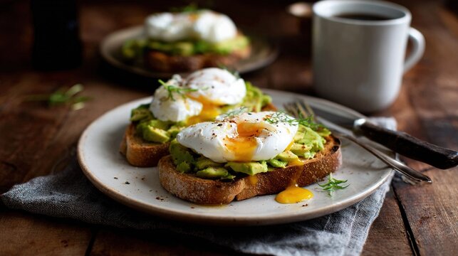   A plate with eggs and avocado sits beside a coffee cup on a wooden table