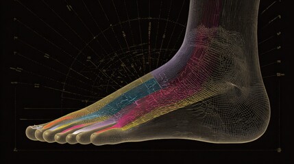 Digital illustration of a human foot with a black background. the foot is shown from the side, with the toes pointing towards the left side of the image.