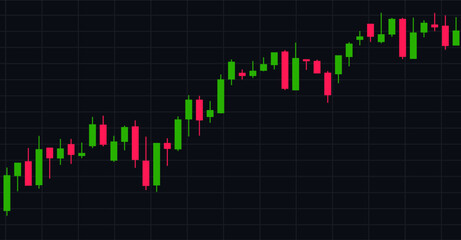 Rising Forex price chart, green and red candles, stock market.