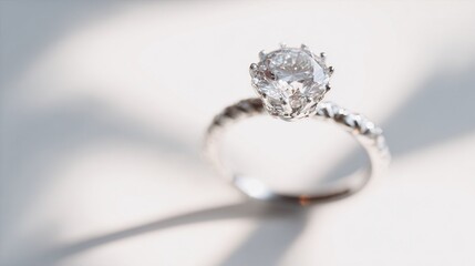   A close-up of a diamond ring with its reflection on a white surface and a shadow on the ground