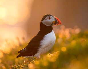 A close-up of an adorable puffin bird with an orange beak, in the sunset