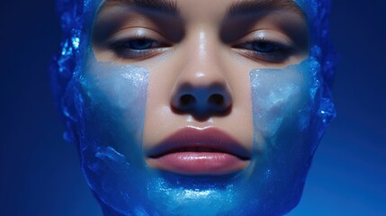 Close-up portrait of a woman's face. the woman's eyes are closed and her lips are slightly parted. she has a pale complexion and her hair is styled in loose waves.