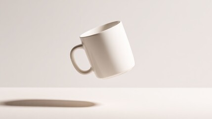   An image of a white coffee cup in flight with shadows on a table and wall behind it