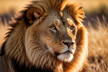 Fototapeta premium Löwe mit Mähne in der afrikanischen Graslandschaft