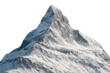 Snow capped mountain peak with steep rock faces, isolated winter nature landscape on transparent background