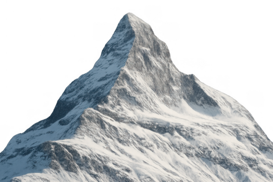 Snow capped mountain peak with steep rock faces, isolated winter nature landscape on transparent background
