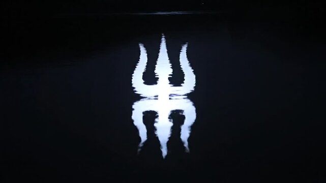 Glowing Mystical Trident Symbol with Reflection on Black Background - Spiritual Icon and Cultural Motif