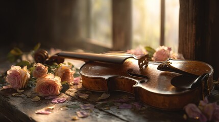  A violin rests atop a wooden table alongside an array of blossoms on a window ledge