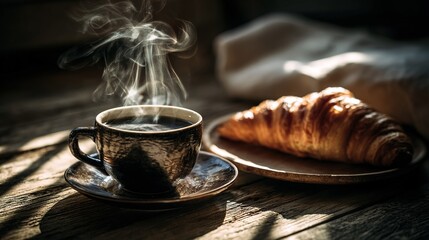   A cup of coffee next to two croissants on plates