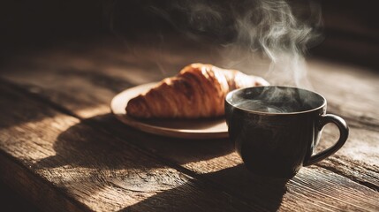   A coffee-and-croissant setup featuring a steaming cup of java and a flaky croissant, all resting on a wooden table, with wisps of smoke rising from the cup