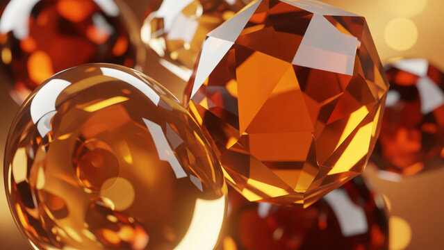 Abstract 3D background with glowing amber gemstones, crystals, and bokeh lights.