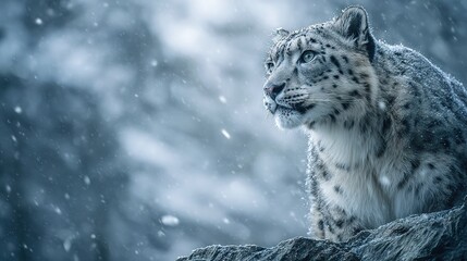   Snow leopard on rock during winter with tree background