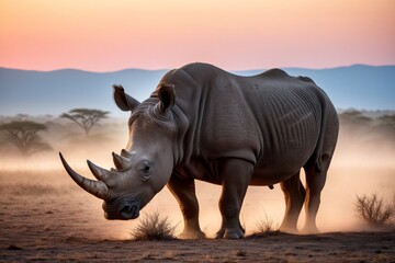 Fototapeta premium Afrikanisches Nashorn in der Savanne bei Sonnenuntergang