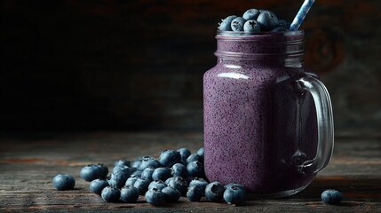   Blueberry smoothie in a mason jar with a straw and blueberries scattered around