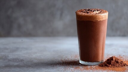   A tall glass of chocolate milkshake sits next to a pile of powdered chocolate on a clean, white countertop
