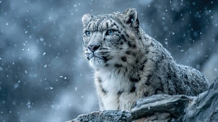   Close-up of Snow Leopard on Rocky Outcropping with Snow Falling on its Face