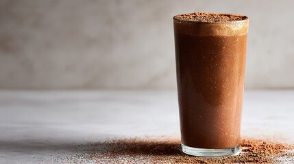   A tall chocolate milkshake in a white background, topped with sprinkles
