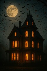 Haunted Victorian house under full moon