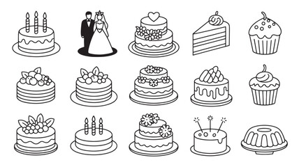 Set of cake and dessert icons simple line art illustration perfect for menu design and bakery promotions