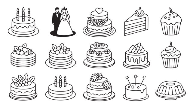 Set of cake and dessert icons simple line art illustration perfect for menu design and bakery promotions