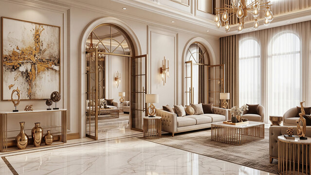 Luxurious modern classic living room interior with gold accents, marble floor, and chandelier.