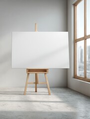 Empty Canvas in Light: An empty canvas awaits inspiration, set on a wooden easel in a sunlit room, bathed in natural light, evoking creative potential.