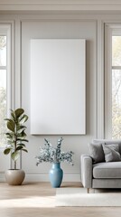 Elegant Living Room: A serene modern living space. with a canvas framed blank, and decorative elements. Natural light floods the space, enhancing the neutral color palette. 