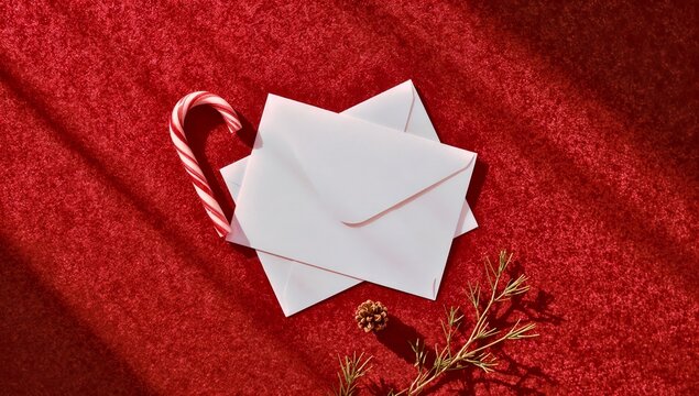 A blank glossy white card and envelope on a deep red velvet background, with a partially unwrapped candy cane and pine twigs. Soft top-down lighting creates subtle shadows.

