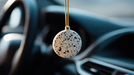 Close-up of a car steering wheel and dashboard. in the center of the image, there is a round ornament hanging from a gold string. the ornament is white with black speckles all over it.