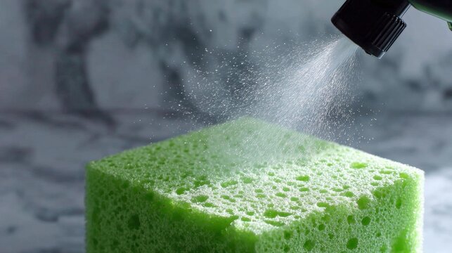 Green sponge being sprayed with water from a black spray nozzle. the sponge is placed on a white surface with a blurred background.